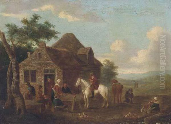 Travellers At Halt By A Cottage Oil Painting by Barent Gael