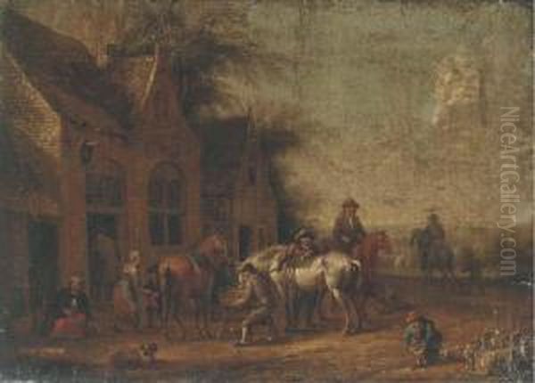 Travellers Halted Outside An Inn Oil Painting by Barent Gael