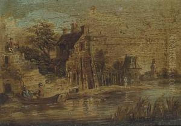 A Series Of Six Riverside Landscapes With Travellers Andpeasants Oil Painting by Barent Gael