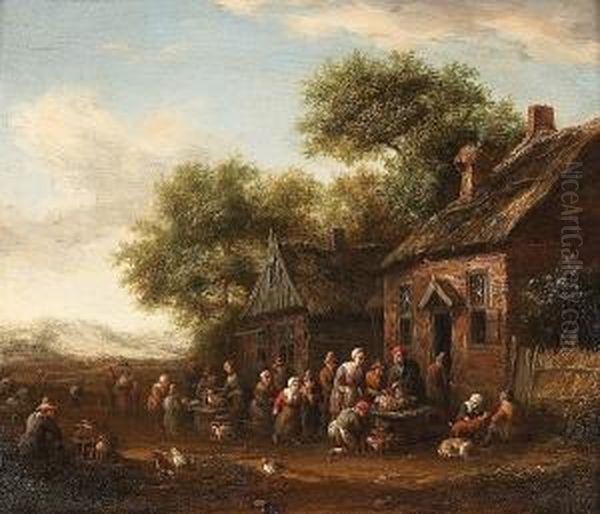 A Village With Peasants At A Chicken Market; And A Village With Peasants At A Pig Market Oil Painting by Barent Gael