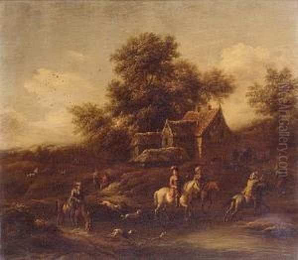 A Hunting Party Fording A Stream; And Horsemen And Peasants Outside An Inn Oil Painting by Barent Gael