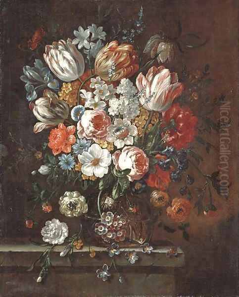 Roses, parrot tulips, an iris, narcissi and other flowers in a glass vase on a stone ledge Oil Painting by Pieter Casteels