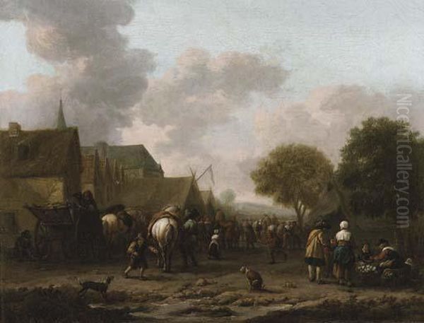 A Village Landscape With Travellers On The Street By A Vegetableseller Oil Painting by Barent Gael