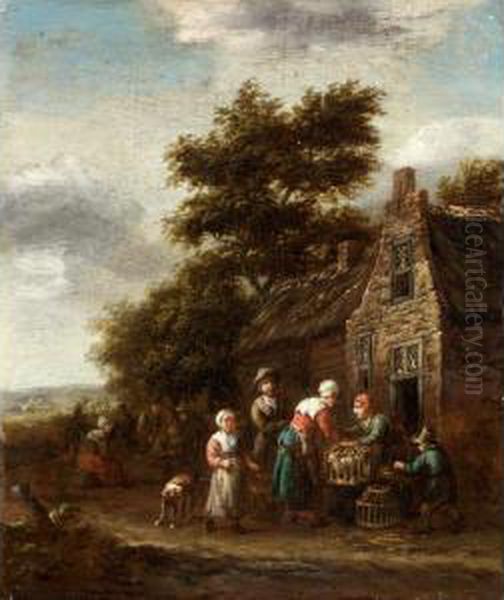 A Landscape With Peasants Selling Chickens Outside A Cottage Oil Painting by Barent Gael