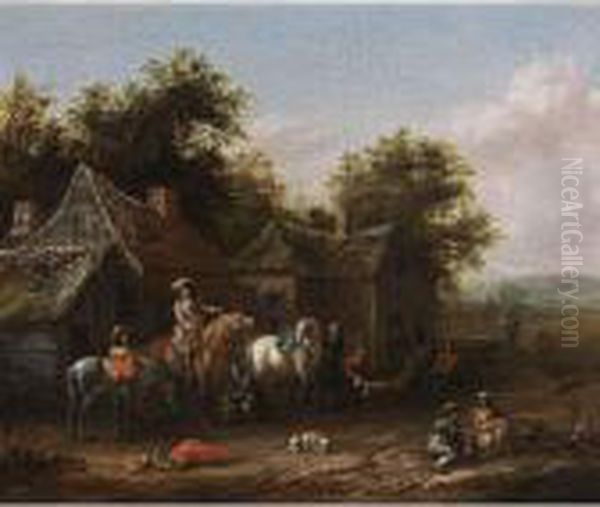 Horsemen Resting Before Houses Oil Painting by Barent Gael