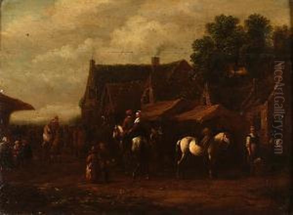 Peasants And Horsemen In A Village Street Oil Painting by Barent Gael