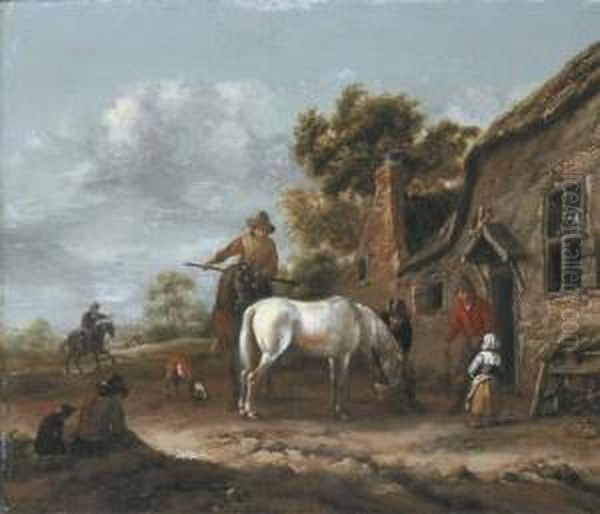 Travellers Resting And Watering Their Horses At A Tavern Oil Painting by Barent Gael