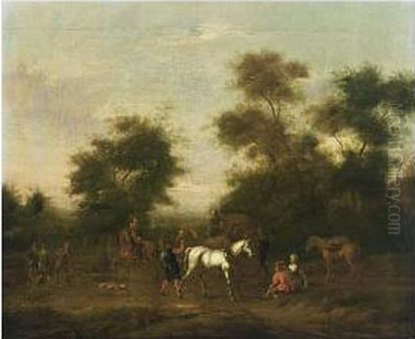 A Hunting Party Resting Near Trees Oil Painting by Barent Gael