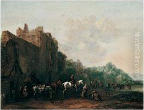 Travellers And Pack Animals 
Resting Before A Ruined Building, A Drover Watering His Cattle Beyond Oil Painting by Barent Gael