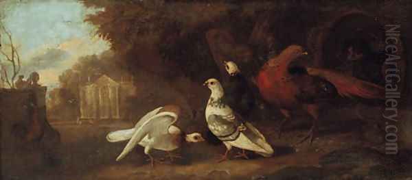 Pigeons, pheasants, and other birds in a wooded landscape, a classical facade beyond, an overdoor Oil Painting by Pieter Casteels