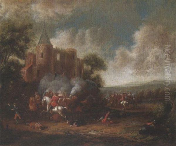 Cavalry Engagement Beneath A Ruined Castle Oil Painting by Barent Gael