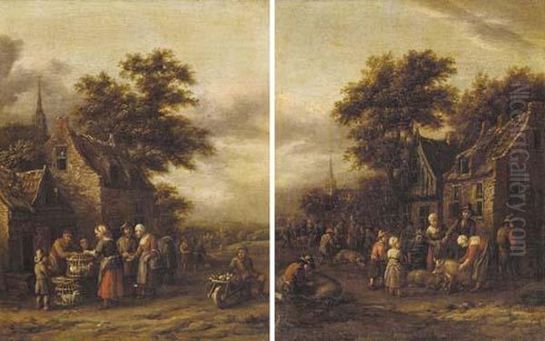 Peasants Buying Chickens At A Village Market; And Peasants With Pigs At A Village Market Oil Painting by Barent Gael