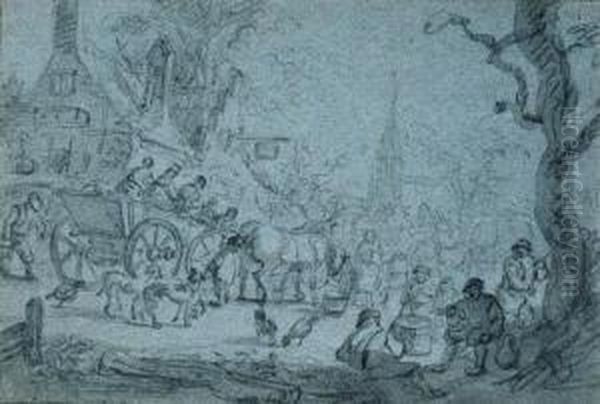 A Horse-drawn Cart With 
Travellers In A Village, Peasants Drinkingby A Tree, A Church Beyond 
(recto); Study Of Two Figures On A Cart(verso) Oil Painting by Barent Gael