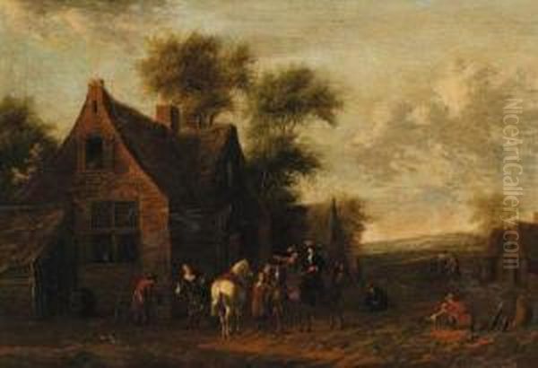 Travellers Halting Outside An Inn Oil Painting by Barent Gael