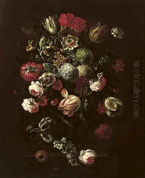 Tulips, roses, lillies and other flowers in a vase on a stone ledge Oil Painting by Pieter Casteels