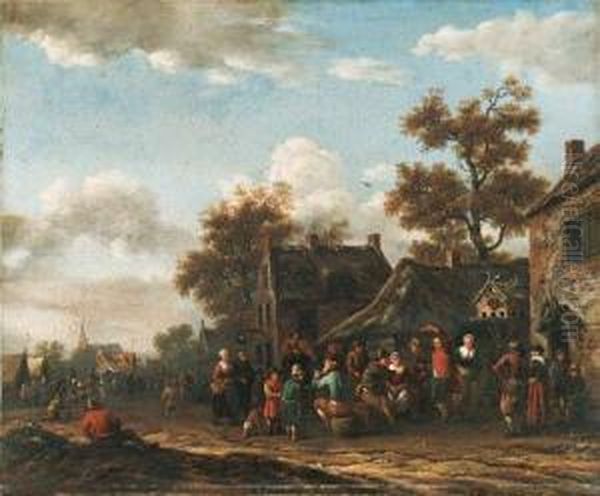 Travellers And Peasants By A 
Booth, Houses And A Church Beyond; Andpeasants Merrymaking In A Village 
Street, With A Dovecote, An Innand A Church Beyond Oil Painting by Barent Gael