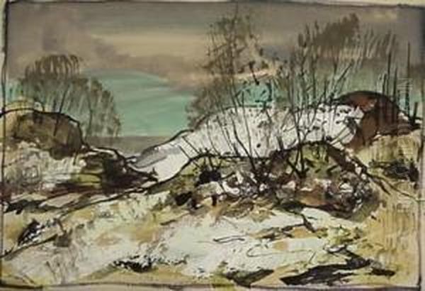 Early Spring Landscape- Gouache 
On Paper, Estate Stamped On Verso, Paper Slightly Age Toned Otherwise 
Very Good Condition. 6 X 8'' Oil Painting by Carl Frederick Gaertner