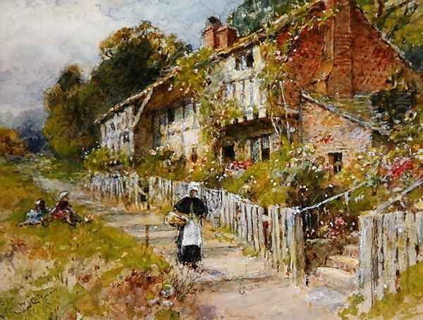 Cottages - a row of cottages with a figure and other children playing Oil Painting by William Stephen Coleman