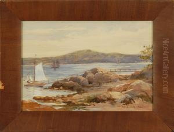 Rocky Shore Scene With Boats And Distant Mountains Oil Painting by Robert Ford Gagen