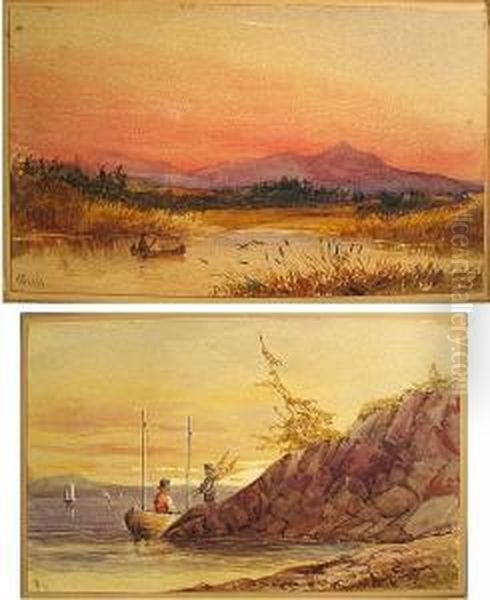 The Fishermen, 1878; Canoeing At Sunset (a Pair) Oil Painting by Robert Ford Gagen