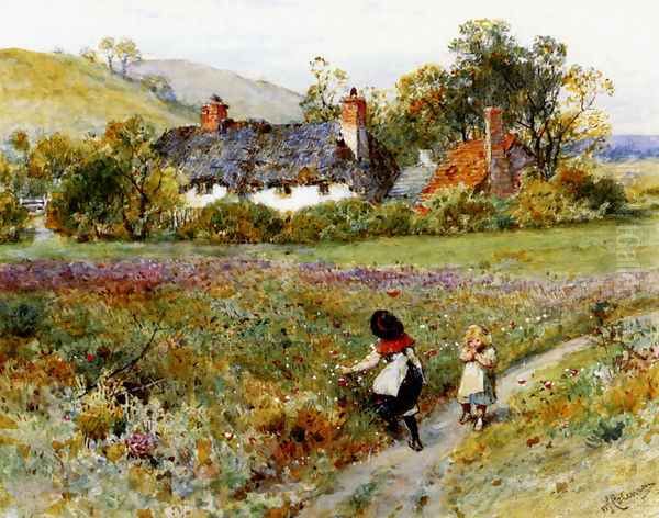 Children Playing On A Path, Cottages Beyond Oil Painting by William Stephen Coleman