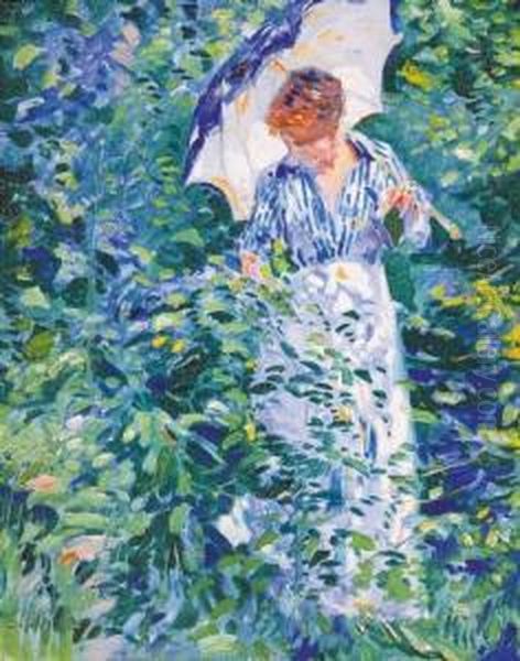 Vrouw Met Parasol - Femme Tenant Une Ombrelle Dans Un Jardin Fleuri (jaren '20) Oil Painting by Franz Bernard Gailliard