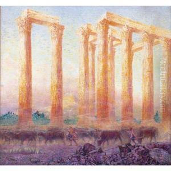 The Temple Of Olympeus Zeus, Athens Oil Painting by Franz Bernard Gailliard