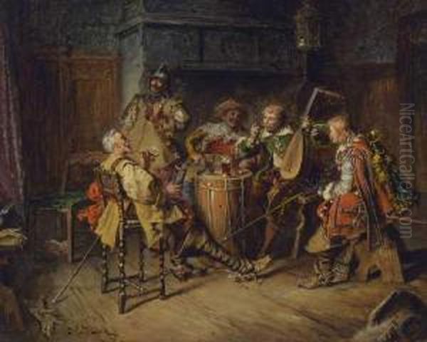 Landsknechte In Der Stube - Kartenspieler Im Weinkeller. Oil Painting by Jacob Emmanuel Gaisser