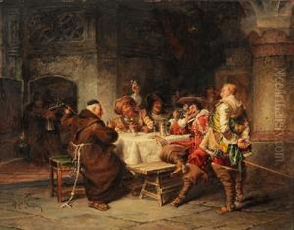 Musketiere Und Monch In Frohlicher Runde Oil Painting by Jacob Emmanuel Gaisser