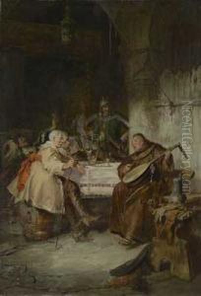 Zecherrunde Im Klosterkeller Oil Painting by Jacob Emmanuel Gaisser