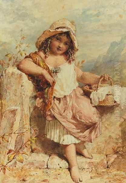 A young girl holding a basket beside a stile Oil Painting by William Stephen Coleman