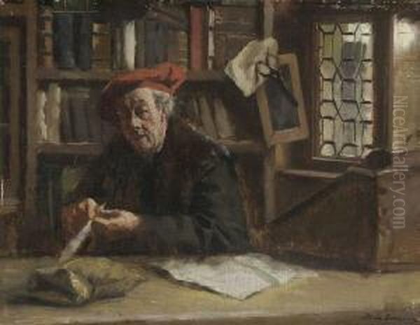 Schreiber Beim Schneiden Des
 Federkiels. Oil Painting by Max Gaisser