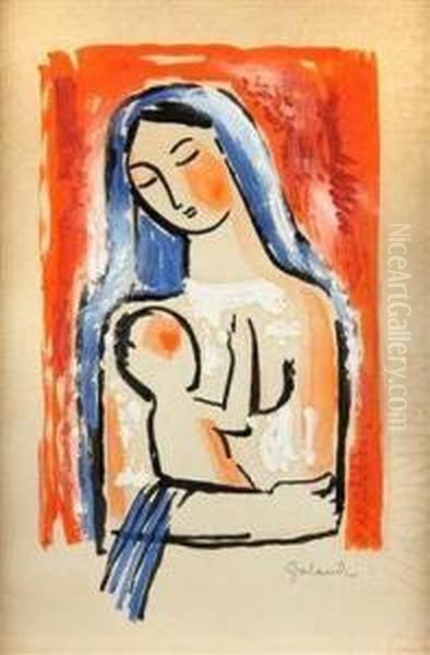 A Mother With A Child Oil Painting by Mikulas Galanda