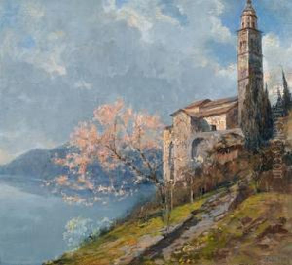 Ansicht Der Kirche Von Morcote Im Fruhling Oil Painting by Gioachimo Galbusera