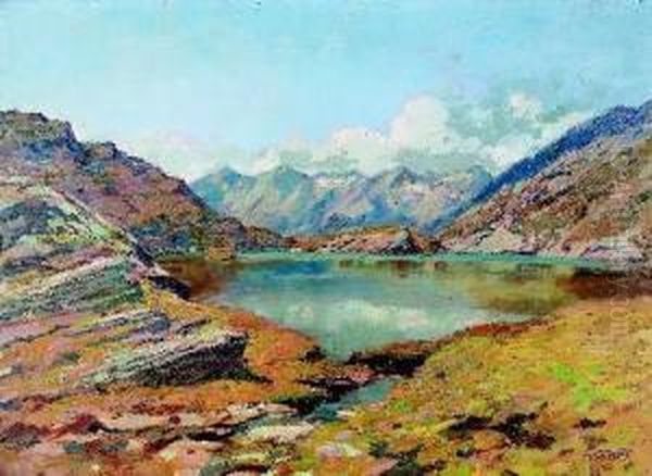 San Bernardino Mit Blick Auf Den Moesolasee. Oil Painting by Gioachimo Galbusera