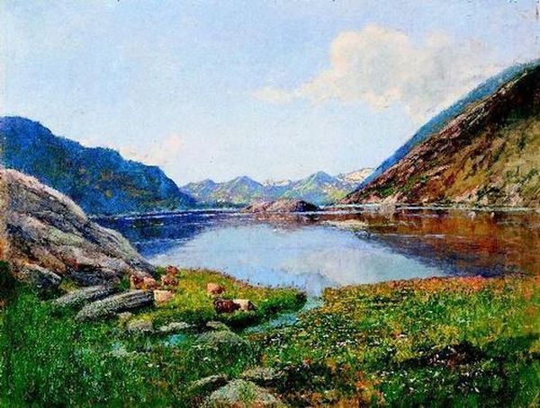 San Bernardino Mit Blick Auf Den Moesolasee. Oil Painting by Gioachimo Galbusera