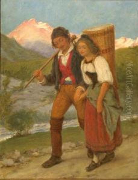 Swiss Peasants Returning Home Between Interlaken Andlauterbrunnen Oil Painting by William Gale