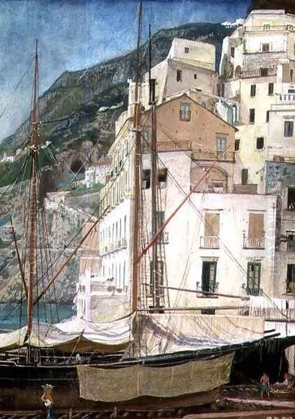 Boats in an Italian Harbour Oil Painting by Walter Crane