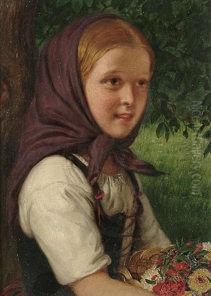 Portrait Of A Girl Holding A Basket Of Flowers Oil Painting by William Gale