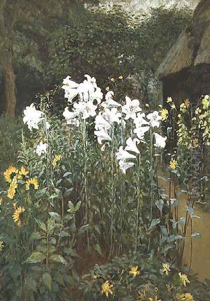 Madonna Lilies in a Garden Oil Painting by Walter Crane