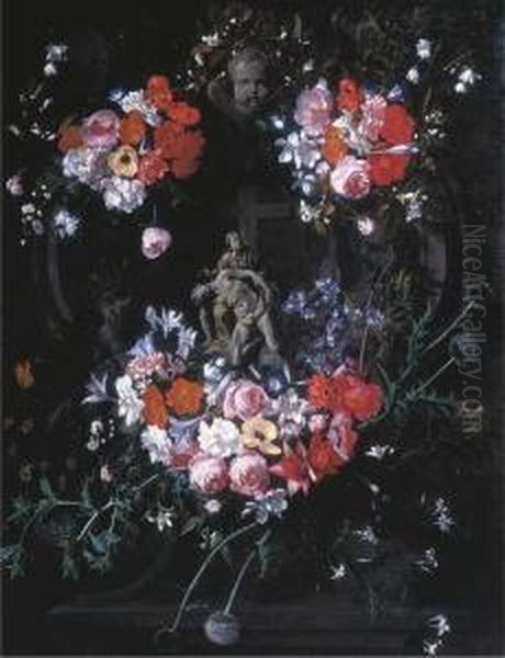 A Trompe L'oeil Relief Of The 
Pieta In A Stone Carved Tondo,surrounded By Festoons Of Flowers And 
Thistles Oil Painting by Hieronymus Galle I