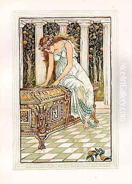 Pandora desires to open the box Oil Painting by Walter Crane