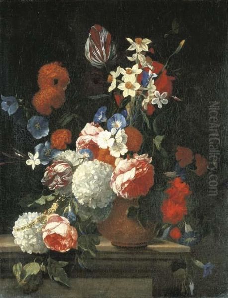 Tulips, Peonies, Morning Glory, 
Narcissi And Other Flowers In A Decorated Vase On A Ledge Oil Painting by Hieronymus Galle I