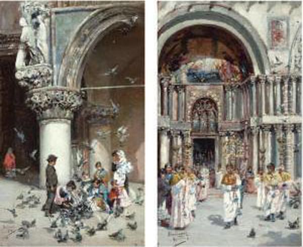 Outside Saint Mark's Basilica, Venice; A Pair Oil Painting by Jose Gallegos Y Arnosa