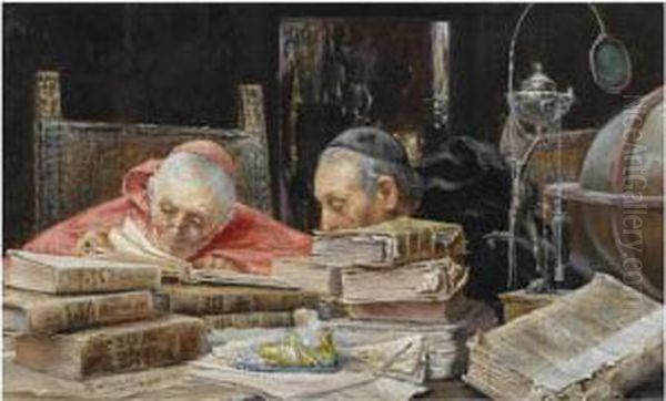 En La Bibloteca (in The Library) Oil Painting by Jose Gallegos Y Arnosa