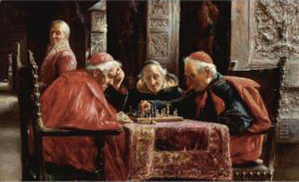 La Partida De Ajedrez (the Chess Game) Oil Painting by Jose Gallegos Y Arnosa