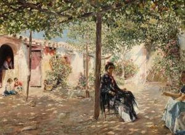 Ladies In A Sun-dappled Courtyard Oil Painting by Jose Gallegos Y Arnosa