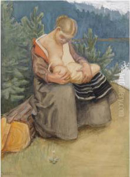 Aiti Ja Lapsi (mother And Child) Oil Painting by Akseli Gallen-Kallela