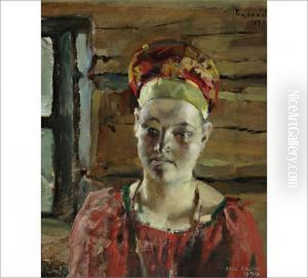 Woman In Karelian Dress Oil Painting by Akseli Gallen-Kallela