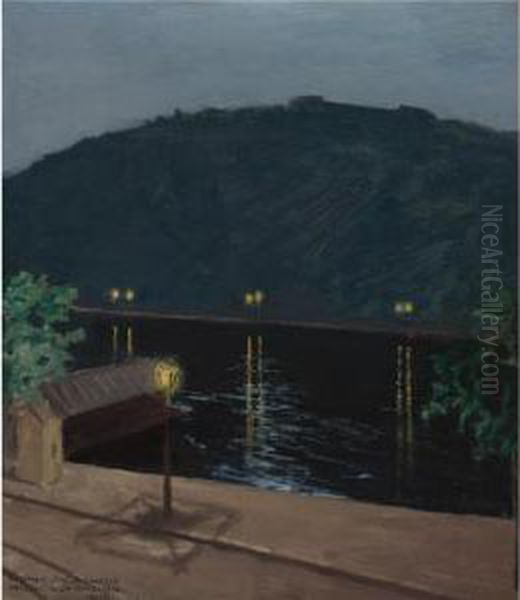 Oinen Donau Joki (night Lights Reflecting Off The Danube, Budapest) Oil Painting by Akseli Gallen-Kallela